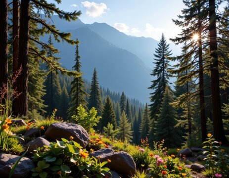 alpine forests with rare birds, conservation protecting species, pollution controlled, sustainability ensuring forest longevity, glowing morning light highlighting biodiversity