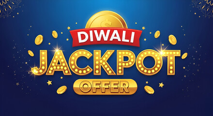 Sale promotional game concept - Diwali jackpot offer 3d logo design with gold coins on blue background.