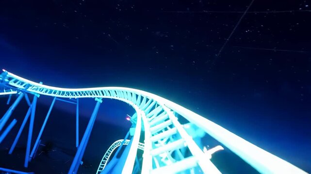 An abstract digital rollercoaster track illuminated by vibrant neon lights, traversing a dark, starry landscape with integrated financial graph elements.