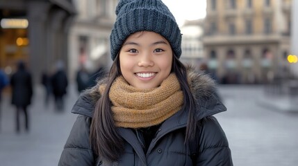 Smiling young person city street
