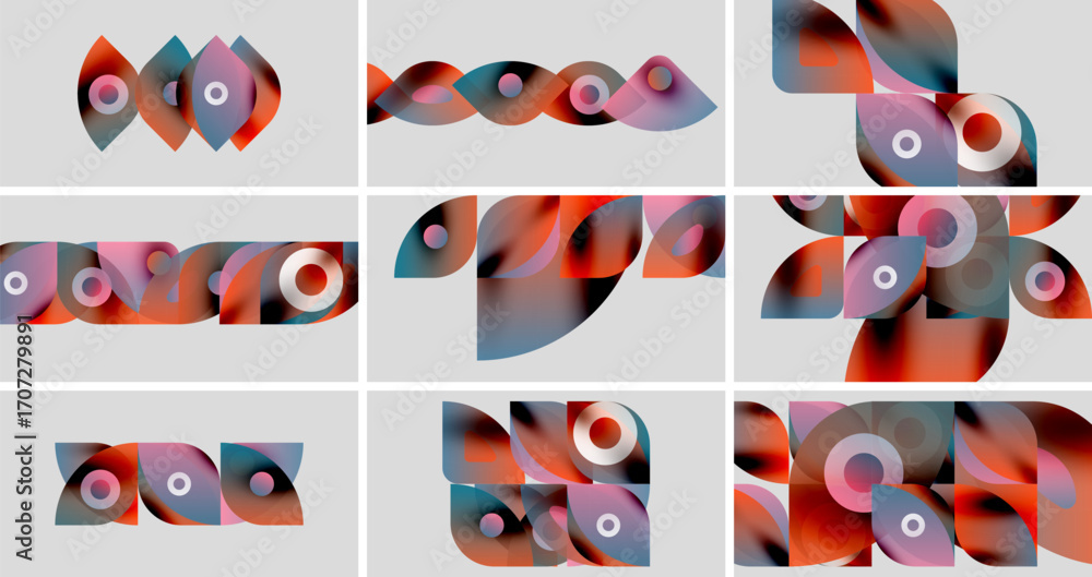 Poster abstract geometric shapes, vibrant colors, overlapping forms. composition features circular elements