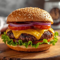 Cheeseburger on Rustic Wooden Board