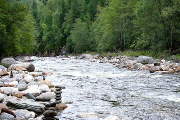 Rocky shore of Lake Baikal with foamy waves