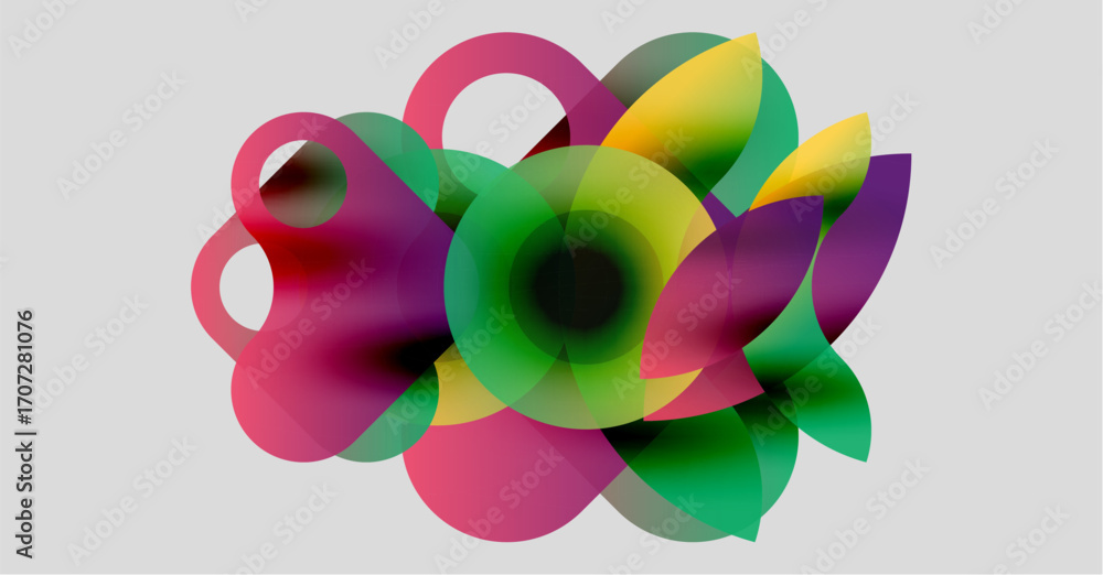Poster abstract colorful shapes overlap, creating dynamic floral impression. vivid gradients suggest moveme