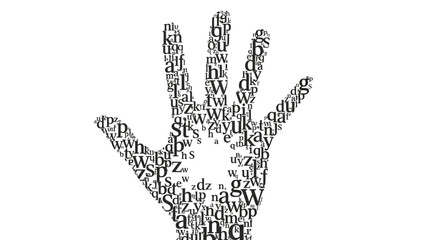 A hand made up of numerous small words on Random Acts of Poetry Day against a clean white background with a mix of black typography.