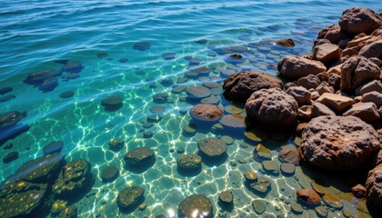 Fototapeta premium coastal lagoons managed carefully, sustainability in action, pollution controlled, supporting marine conservation, glowing tidal waters filled with healthy aquatic life