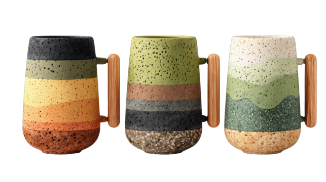 Three layered mugs with wooden handles in different earth tones