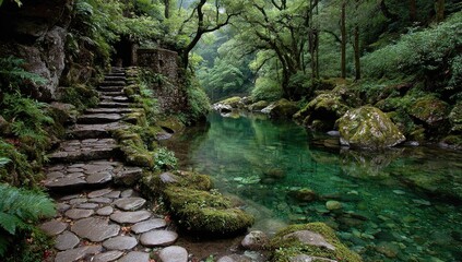 Serene stone path winds beside a crystal-clear stream through a lush, mossy forest, leading to a shadowed structure