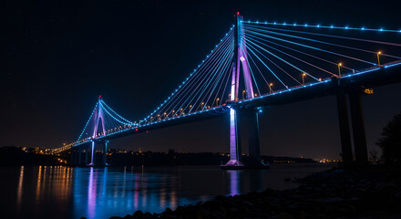 Fototapeta premium High-resolution photo of a suspension bridge lit with cyberpunk neon lights, night view
