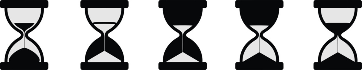 Hourglass icons, time progression, sand flow stages, process visualization, time management, countdown symbol, black silhouette, productivity graphic, timer concept, transition phases, stylized design