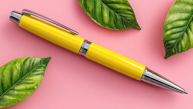 Vibrant yellow pen rests on pink background, surrounded by lush green leaves, creating a fresh, minimalist aesthetic