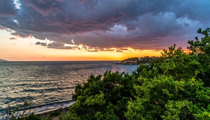 Dramatic sunset over a coastal landscape