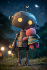 A gentle robot with a soft heart, guarding dreams under the moonlight.