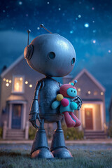 A gentle robot with a soft heart, guarding dreams under the moonlight.