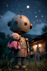 A gentle robot with a soft heart, guarding dreams under the moonlight.
