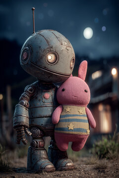 A gentle robot with a soft heart, guarding dreams under the moonlight.