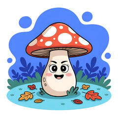 Cute cartoon mushroom with big eyes and mischievous smile sitting on forest floor with autumn leaves on a transparent background