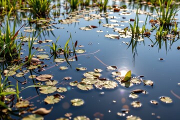 managed wetlands with clear waters, sustainability in action, pollution controlled, supporting conservation of plants and amphibians, glowing reflections across calm wetland surfaces