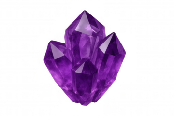Vivid purple amethyst crystals clustered together, showcasing raw mineral formation against pristine transparent backdrop
