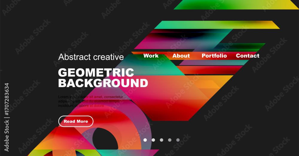Poster abstract website design features vibrant geometric shapes, text elements, navigation menu. modern st