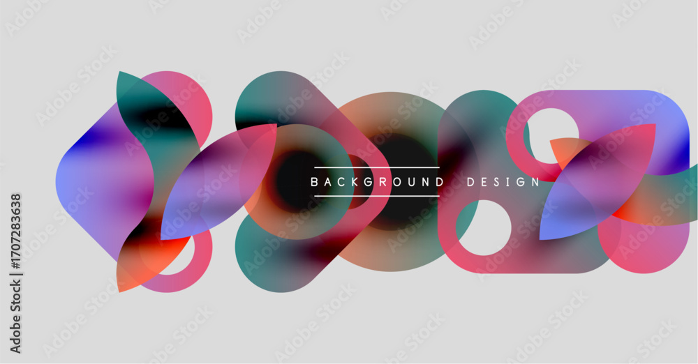 Poster abstract fluid shapes overlap, creating vibrant color blends. text reads background design centered 
