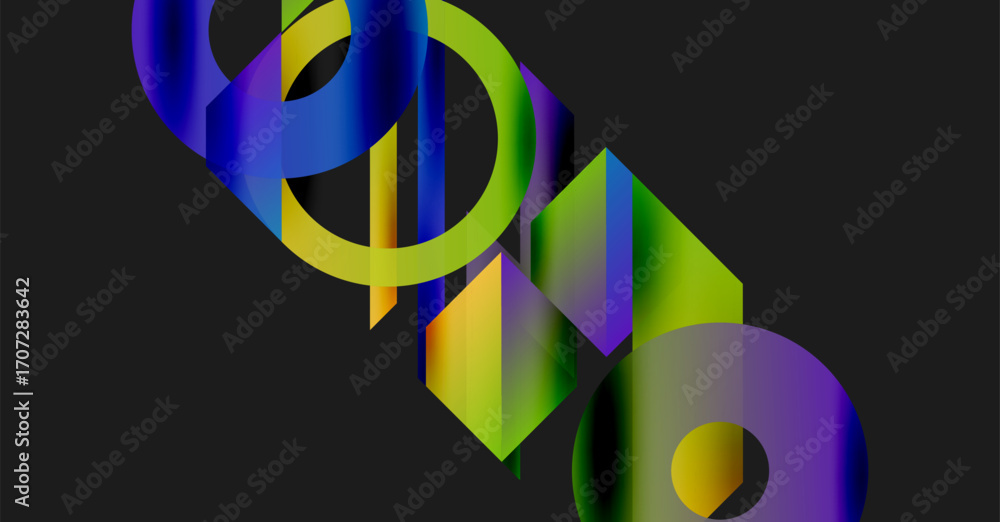 Poster abstract geometric shapes, vibrant colors blend. circles, squares overlap creating dynamic visual ef