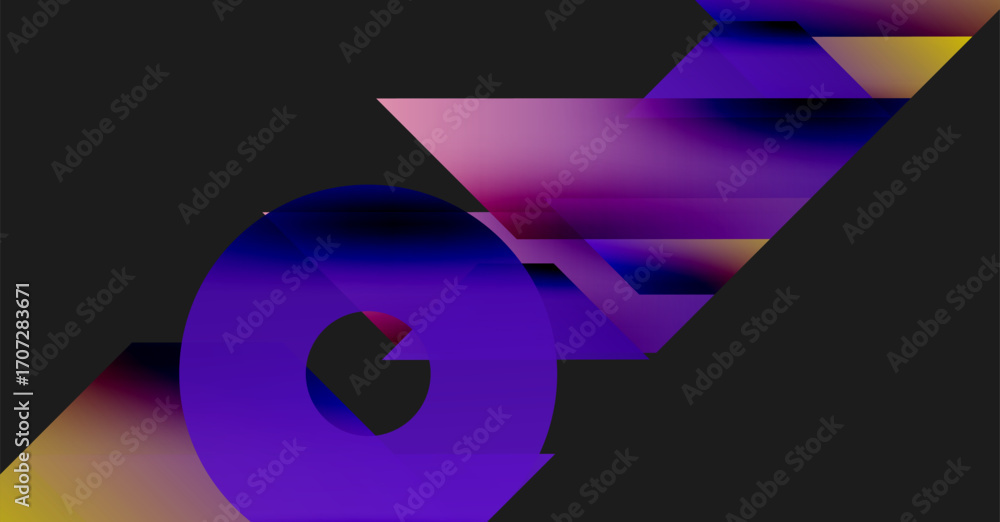Poster abstract geometric composition. purple, gold gradients dominate dark background. shapes overlap, cre