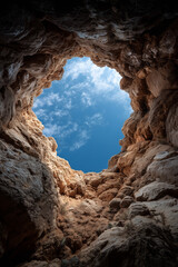 View of the bright blue sky from the deep rocky cave, highlighting the textured stone walls and natural light illuminating the surroundings