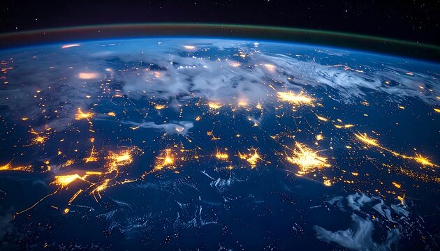 A high-angle perspective showcases Earth from space. Cities glow with light against a dark, curving horizon & scattered clouds