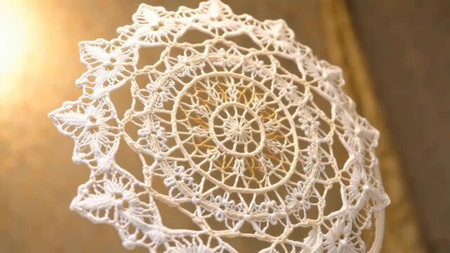 Close-up of a beautifully intricate white crocheted doily, highlighting its delicate handmade pattern and textures in soft, warm light.