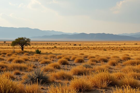 overgrazed grasslands, no sustainability, pollution from soil erosion, destroyed conservation, glowing barren plains with sparse vegetation and starving wildlife under pale skies