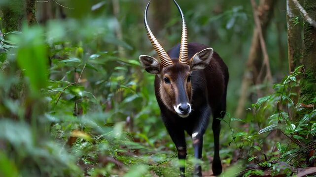 Saola moving carefully through dense green Annamite mountain forest, extremely rare and elusive presence