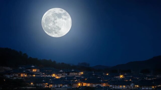 Majestic full moon illuminates night sky over traditional Korean village for Chuseok celebration, casting gentle glow. Chuseok festive ambiance evokes feelings of warmth, togetherness,