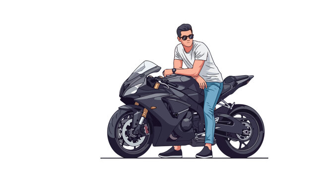 Handsome young man in sunglasses posing with a black sport motorcycle.