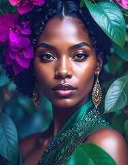 A stunning portrait of a beautiful Black woman surrounded by lush green leaves and vibrant purple flowers. A concept of natural beauty, femininity, and tropical elegance.