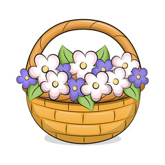Cute cartoon basket full of flowers. Vector illustration hamper with white and purple flowers on a white background.