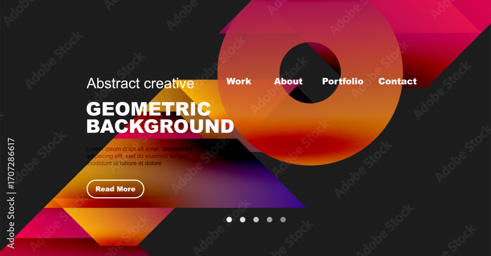 Poster modern website header design. vibrant geometric shapes, text overlay, navigation menu present. dark 