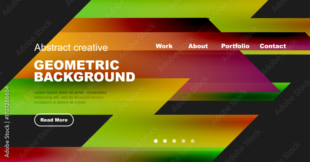 Poster abstract geometric design features vibrant colors, text overlay, navigation menu. modern style suita