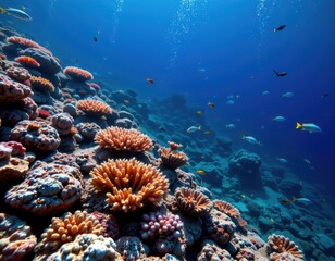 Fototapeta premium overfishing along coral reefs, sustainability ignored, pollution rising, conservation destroyed, glowing skeletal corals and empty blue waters filled with floating debris