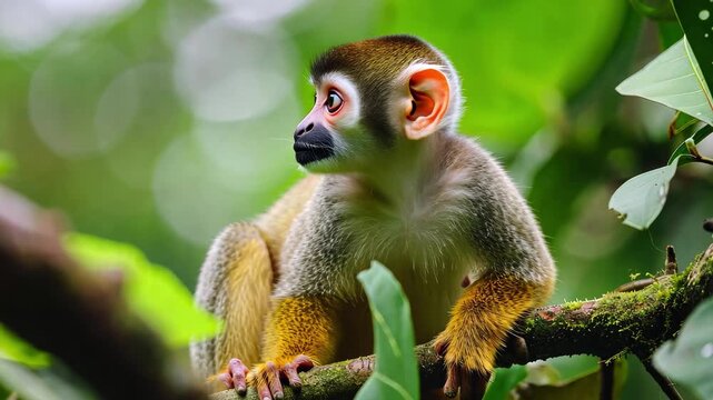 Squirrel monkey resting on a branch in the amazon rainforest amidst lush green foliage and dappled sunlight during a peaceful morning