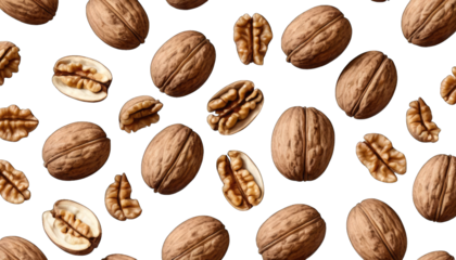 Scattered Whole and Halved Walnuts on Black Background Keywords: walnut, walnuts, nut, nuts isolated on a transparent background