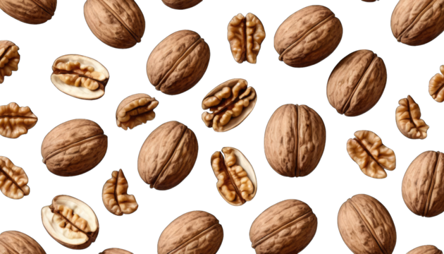 Scattered Whole and Halved Walnuts on Black Background Keywords: walnut, walnuts, nut, nuts isolated on a transparent background