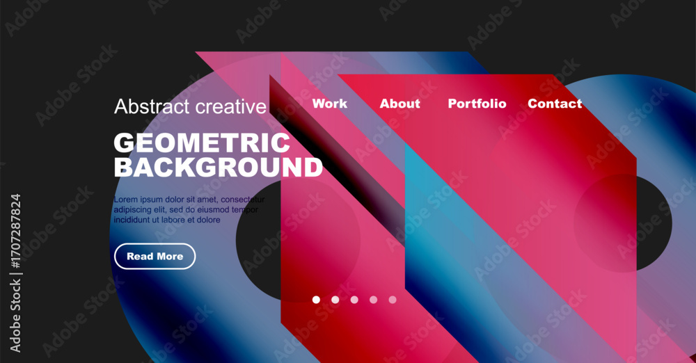Poster abstract website header design. geometric shapes, vibrant colors, text overlay, navigation menu pres