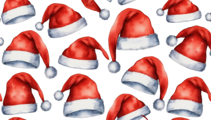 Seamless Pattern of Red Santa Hats on Black Background isolated on a transparent background