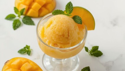 Mango Sorbet in Glass Cup with Fresh Fruit