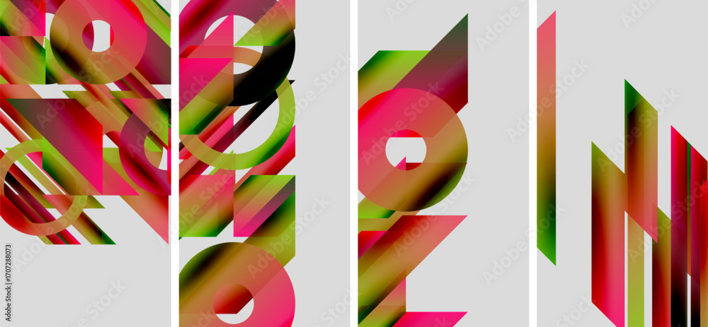 Poster abstract geometric composition. colorful shapes overlap, creating dynamic visual effect. modern desi
