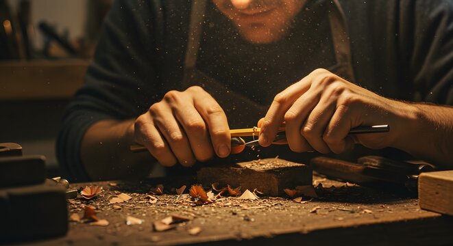 Close-up of craftsman shaping graphite pencils in small workshop
