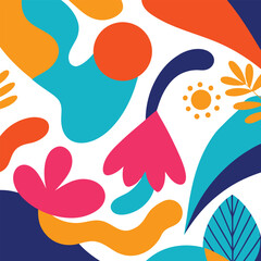 Colorful Abstract Vector Art Illustration, Modern Geometric Floral Design, Vibrant abstract organic shapes and tropical leaves pattern