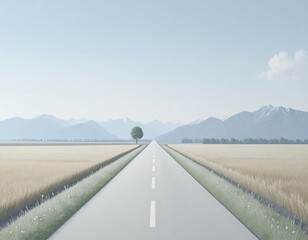 Fototapeta premium Empty road stretches through golden fields toward distant mountains under a pale sky