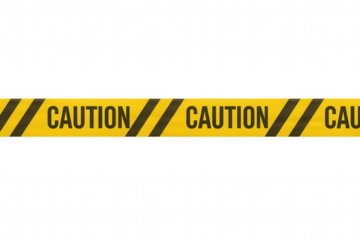 Yellow caution tape with black stripes signaling danger and restricting access on a transparent background
